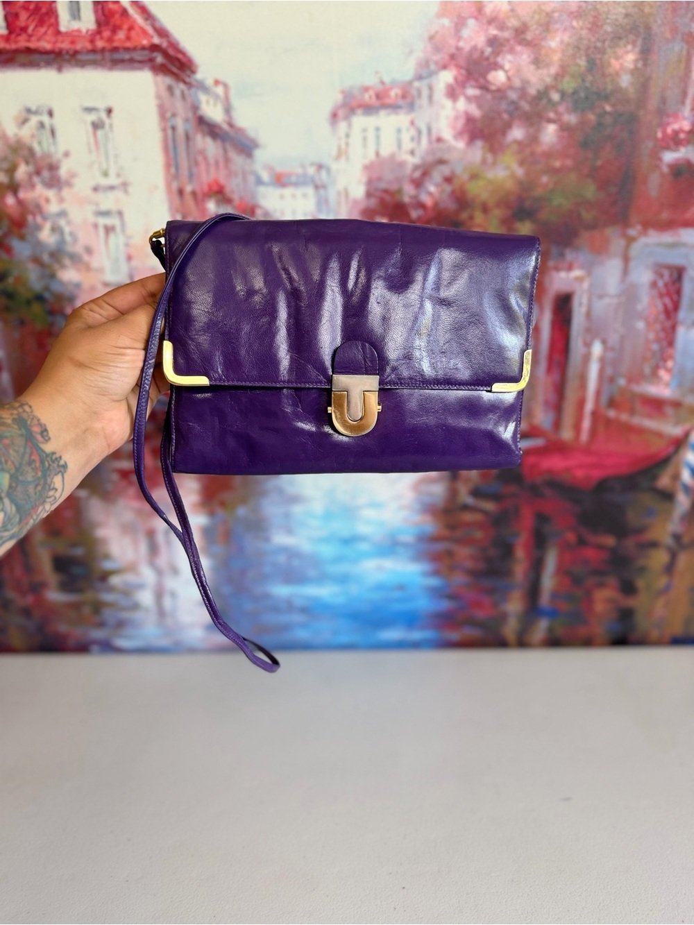 Vintage Pierre Cardin Purple Leather Organizer Clutch Crossbody Bag